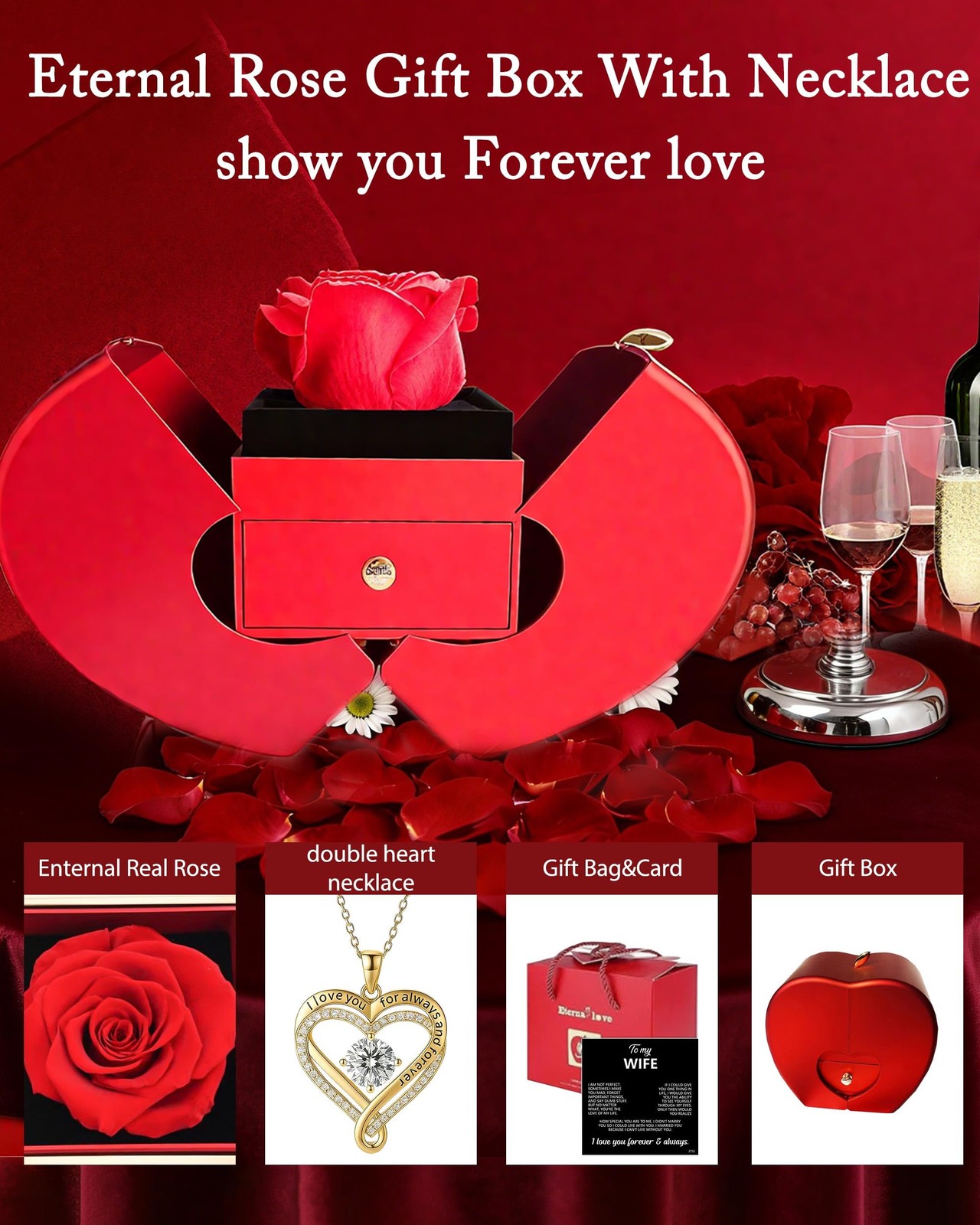 ziella Preserved Flowers Rose Box with Double Heart Necklace, Eternal Rose Gifts