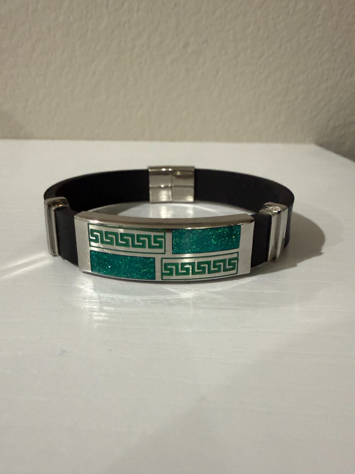 New! 8 inch Black and Green Silicone/Stainless Steel Bracelet/Wristband