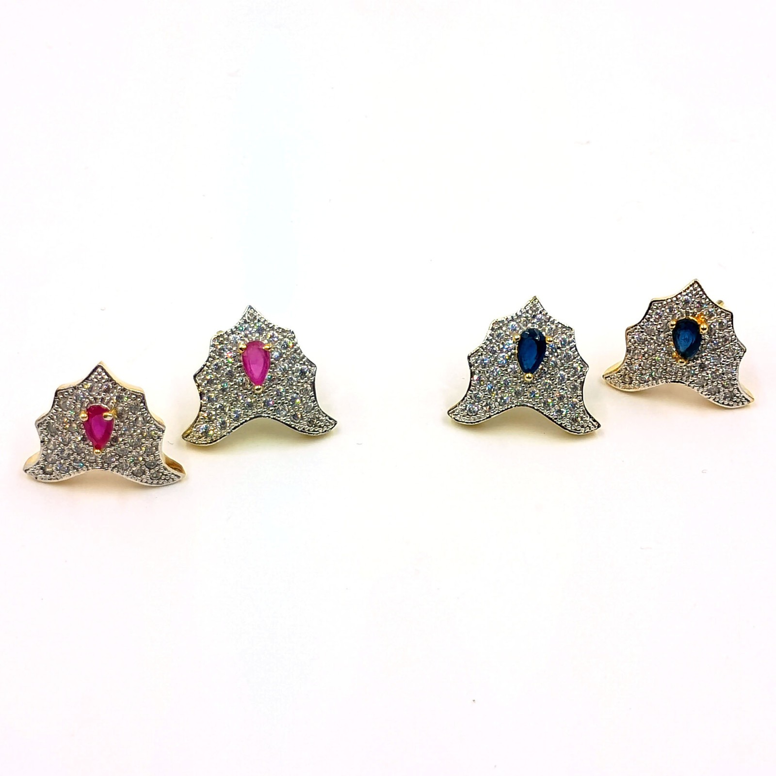 Ethnic South Indian CZ Stud Earrings Ruby Sapphire 22K Gold Plated Wedding