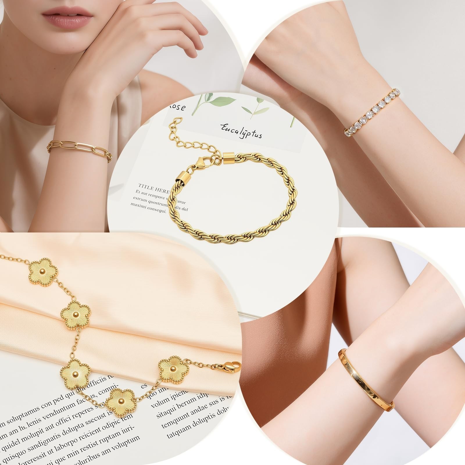 18K Gold Plated Women’s Bracelet Set – Waterproof, Non-Tarnish, Chunky & Floral