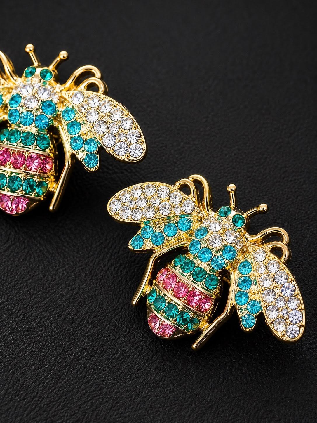 GOLD TONE BEE EARRINGS WITH YELLOW BLACK RED BLUE PURPLE TURQUOISE CRYSTALS POST