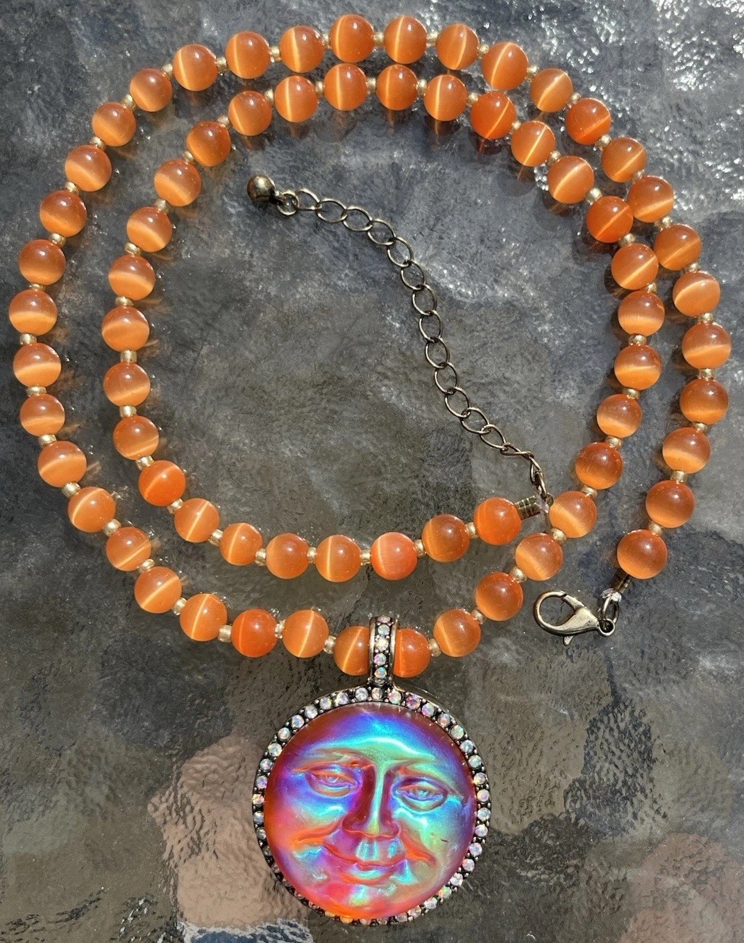 Kirk’s Folly Style Inspired Sea view Moon Face Orange Glow Necklace Rhinestone