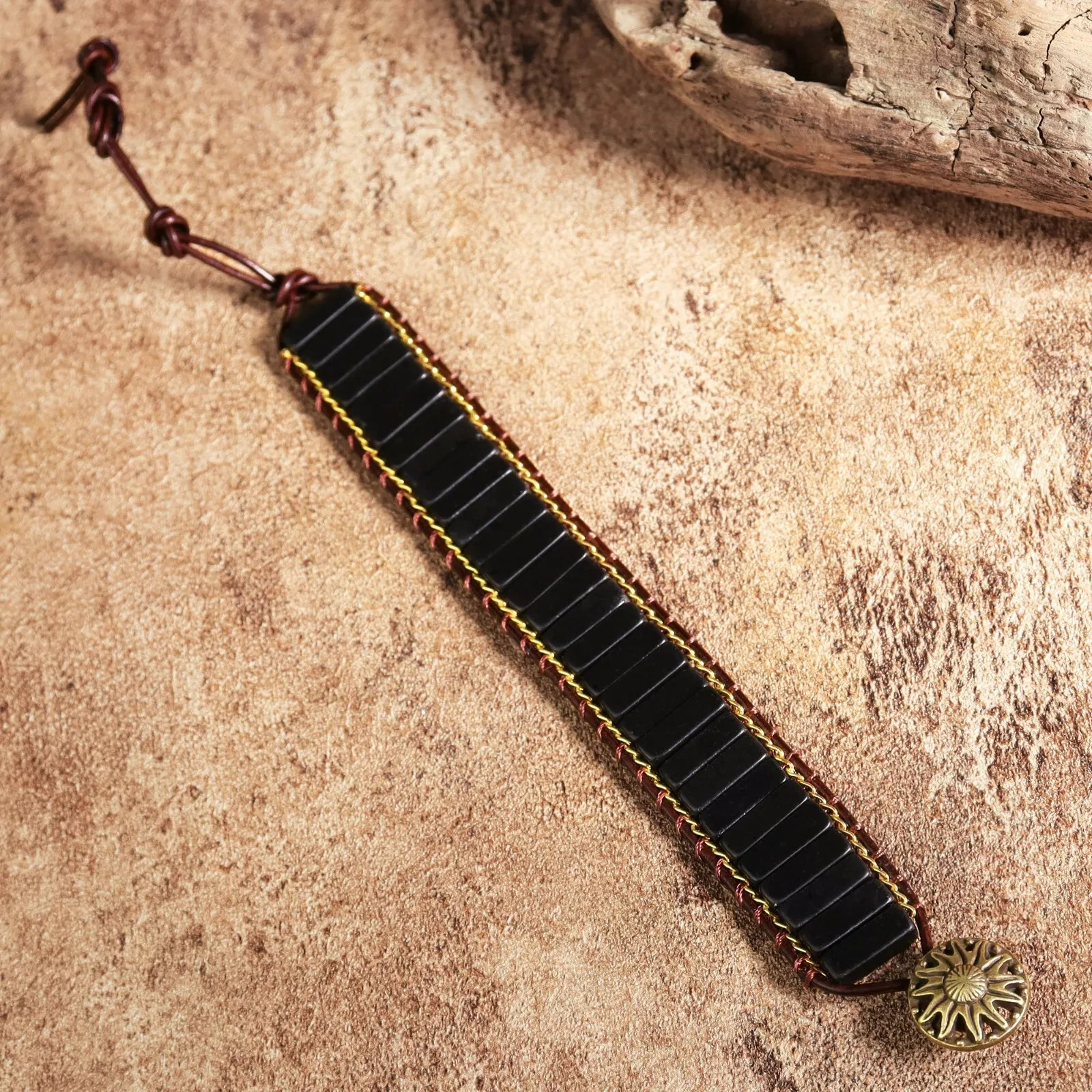 Natural Black Tourmaline Bracelet Tube Beads Healing Crystal Leather Bracelet