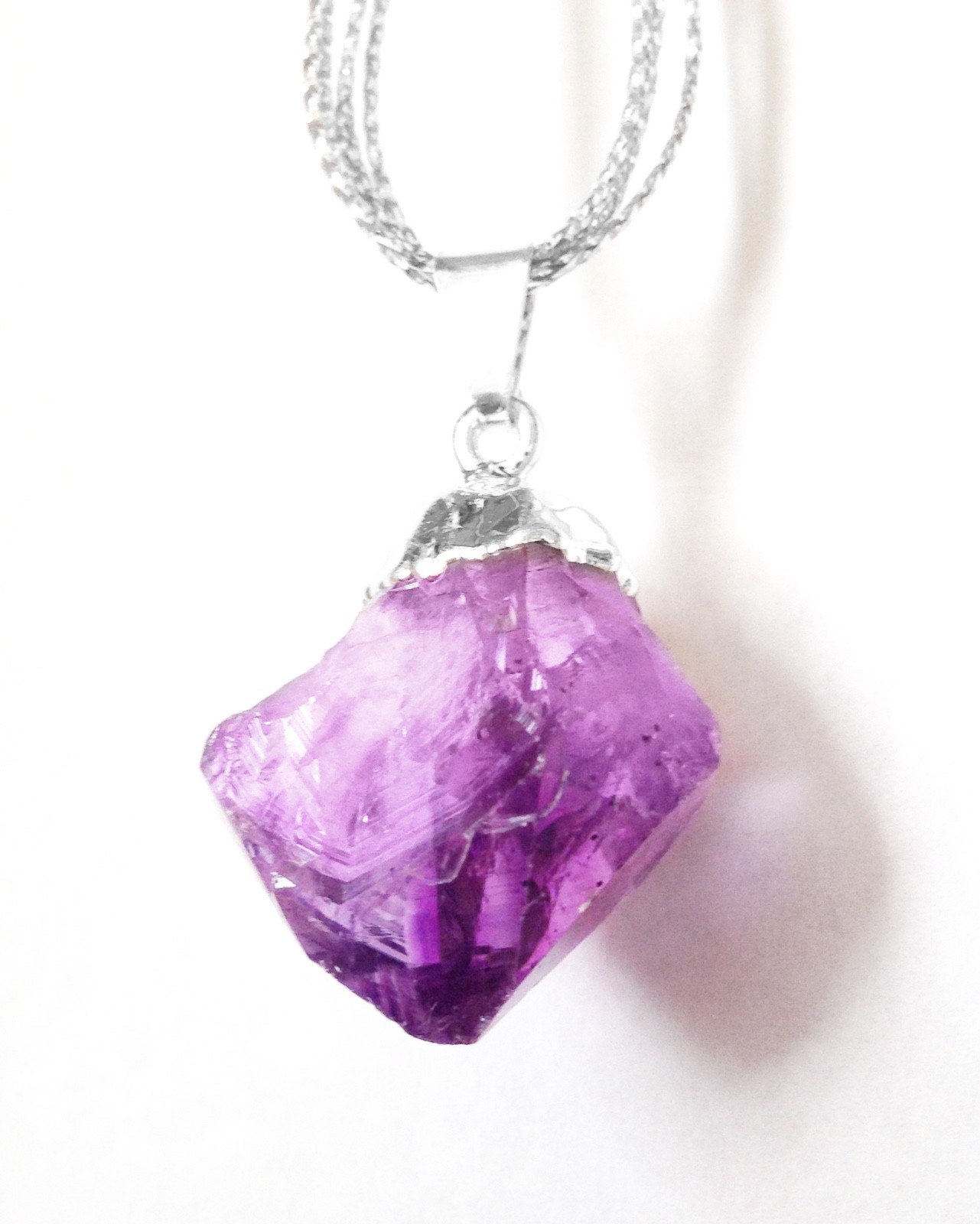 Natural AMETHYST Point Pendant Chakra Crystal Silver Necklace HANDMADE Protect