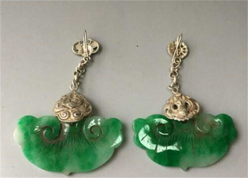 Chinese Antique Tibetan Silver Inlaid Natural Jade Earrings Lucky Jewelry Gifts