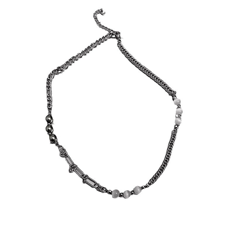 Silver Titanium Steel Alloy Spliced Chain Necklace Stone Beads Minimalist Street