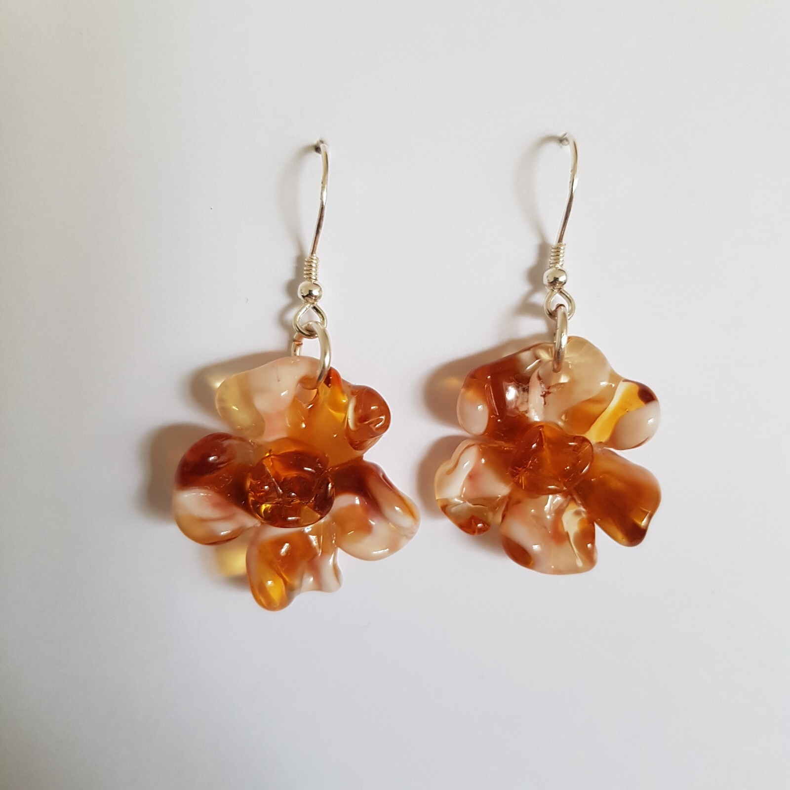 Dangle Drops Earrings Flowers Tea Brown Colors Murano Glass 925 Silver Hooks