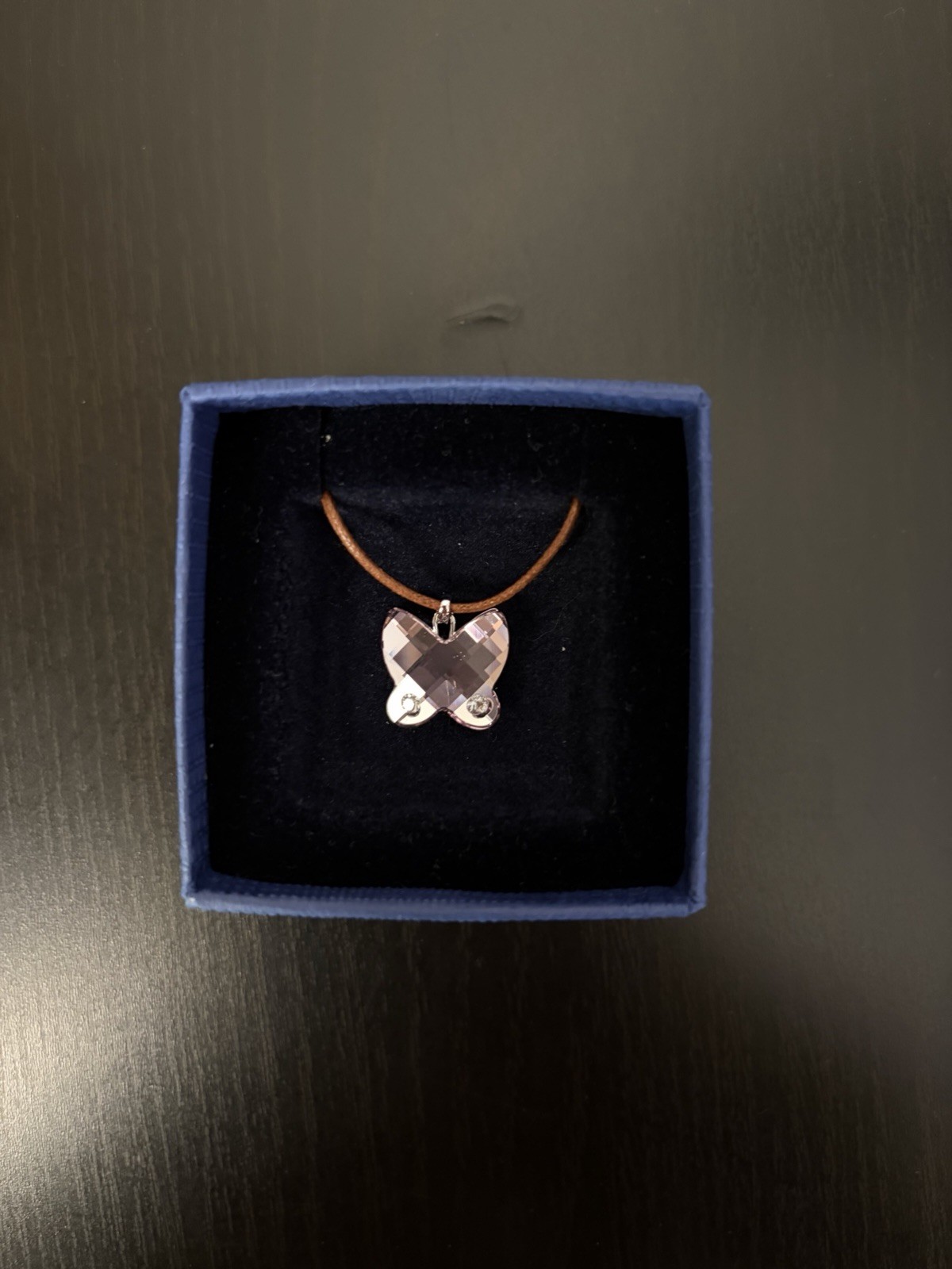 Swarovski Signed Butterfly Pendant Necklace Pink Crystal Silver Cord Chain