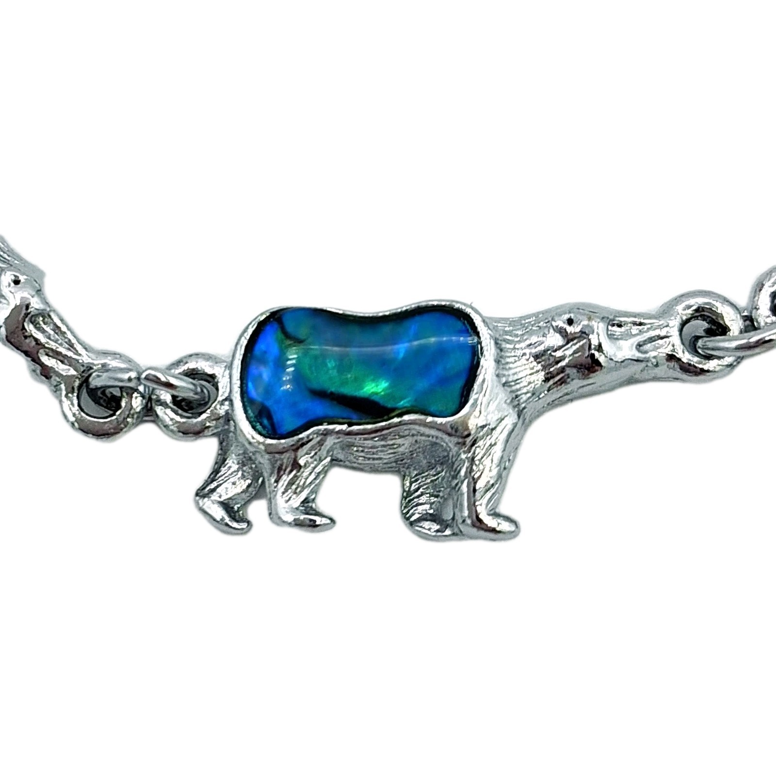 Silver Tone Abalone Bear Bracelet 7.25″ Totem Animal Fold Over Clasp