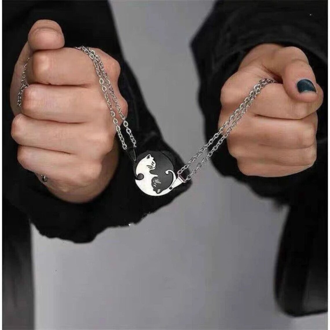 2 Piece Black & Silver Cat Matching Necklace Couple Cute Pendant Love BFF, Gift