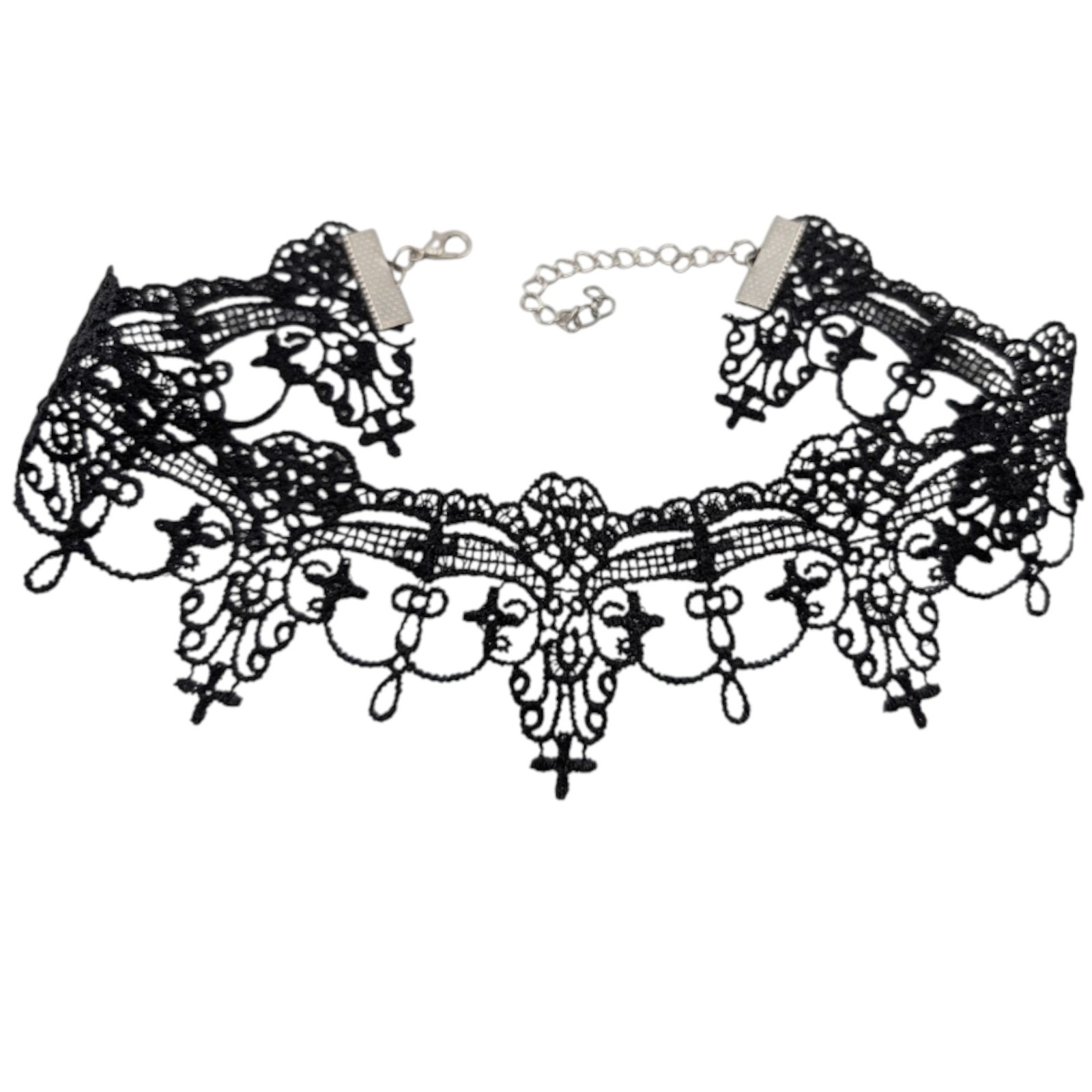 BLACK GOTHIC LACE CHOKER whimsigoth fairycore delicate cross necklace 13-15″ I1