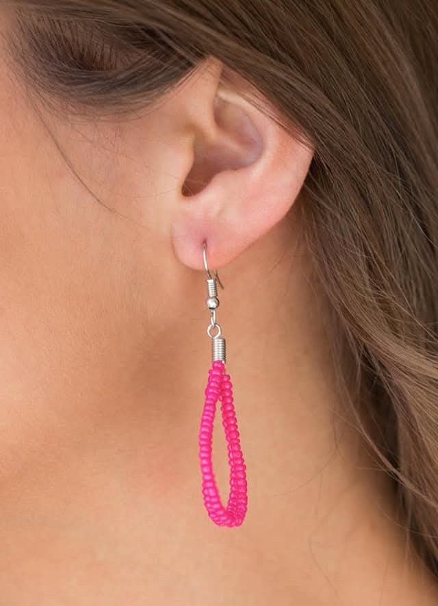 Pink Round Bead Multi-Strand Necklace & Matching Drop Earrings Jewelry Set