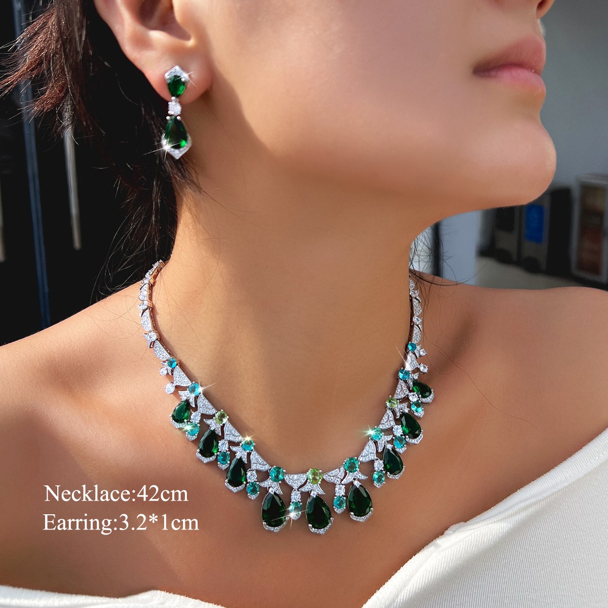 Green Teardrop Fringe Necklace Earrings Silver Plated Wedding Zircon Jewelry Set