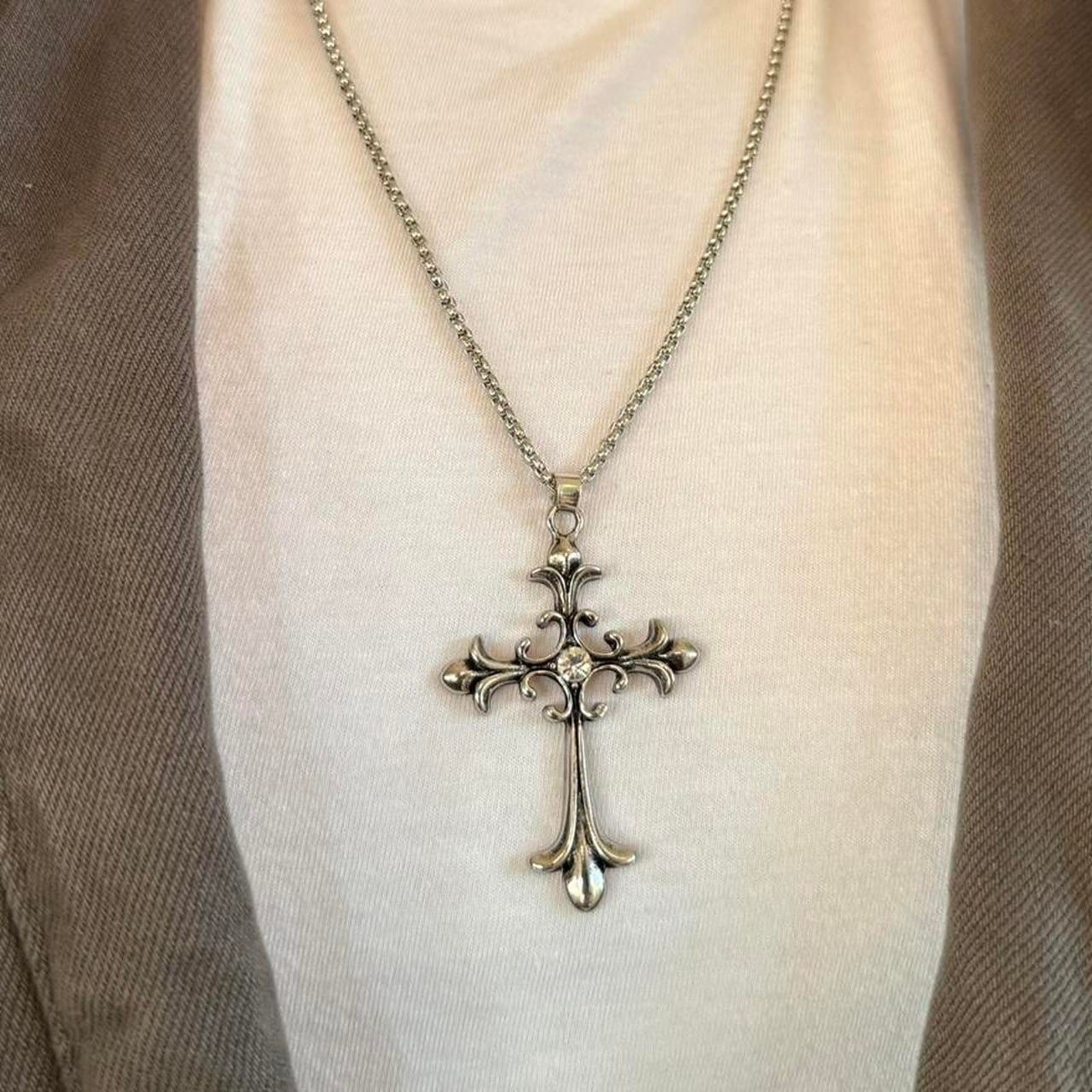 Silver Gothic Cross Pendant Necklace Unisex Stainless Steel Jewelry New