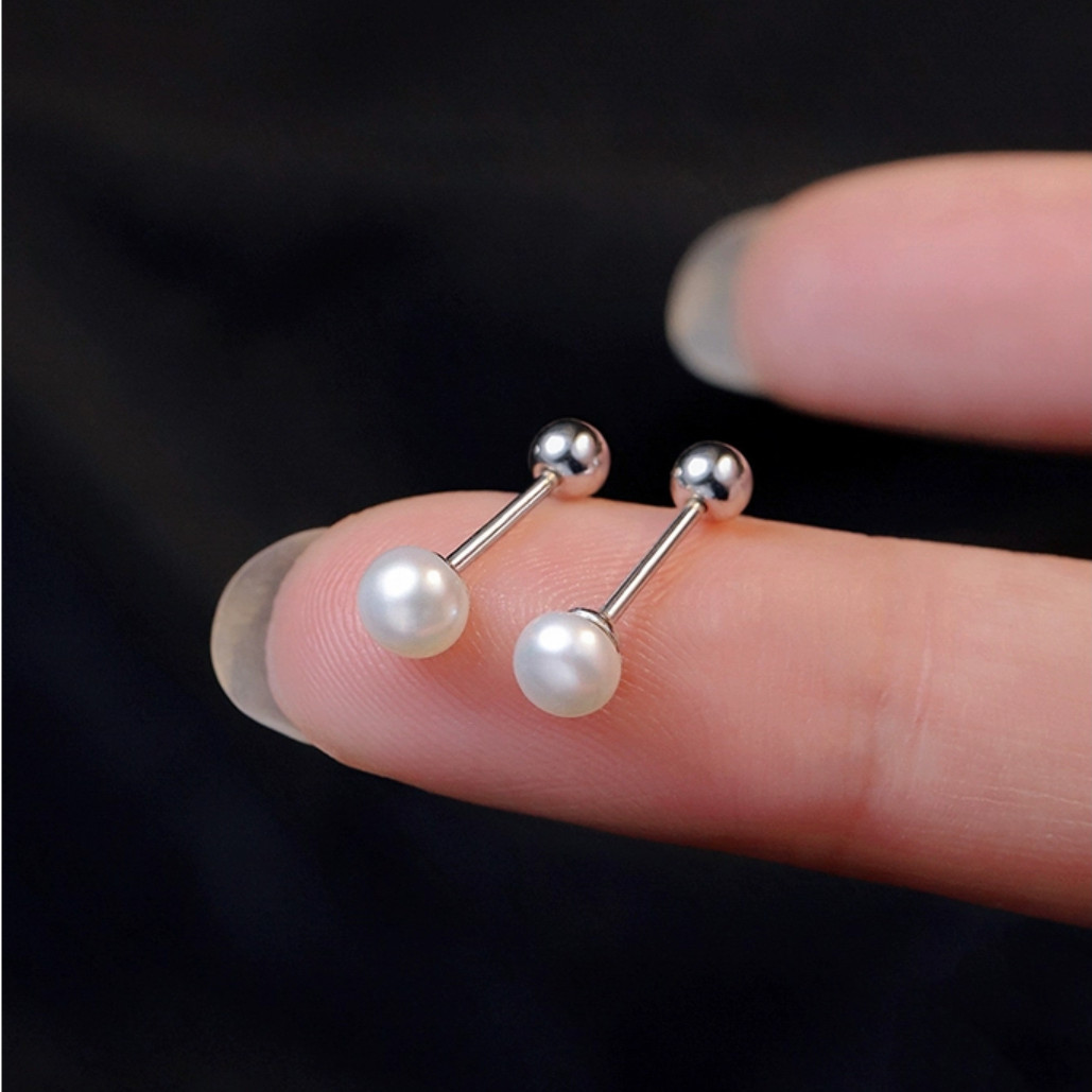 Womens Girls Surgical Steel Silver Round White Pearl Stud Earrings Screw Back