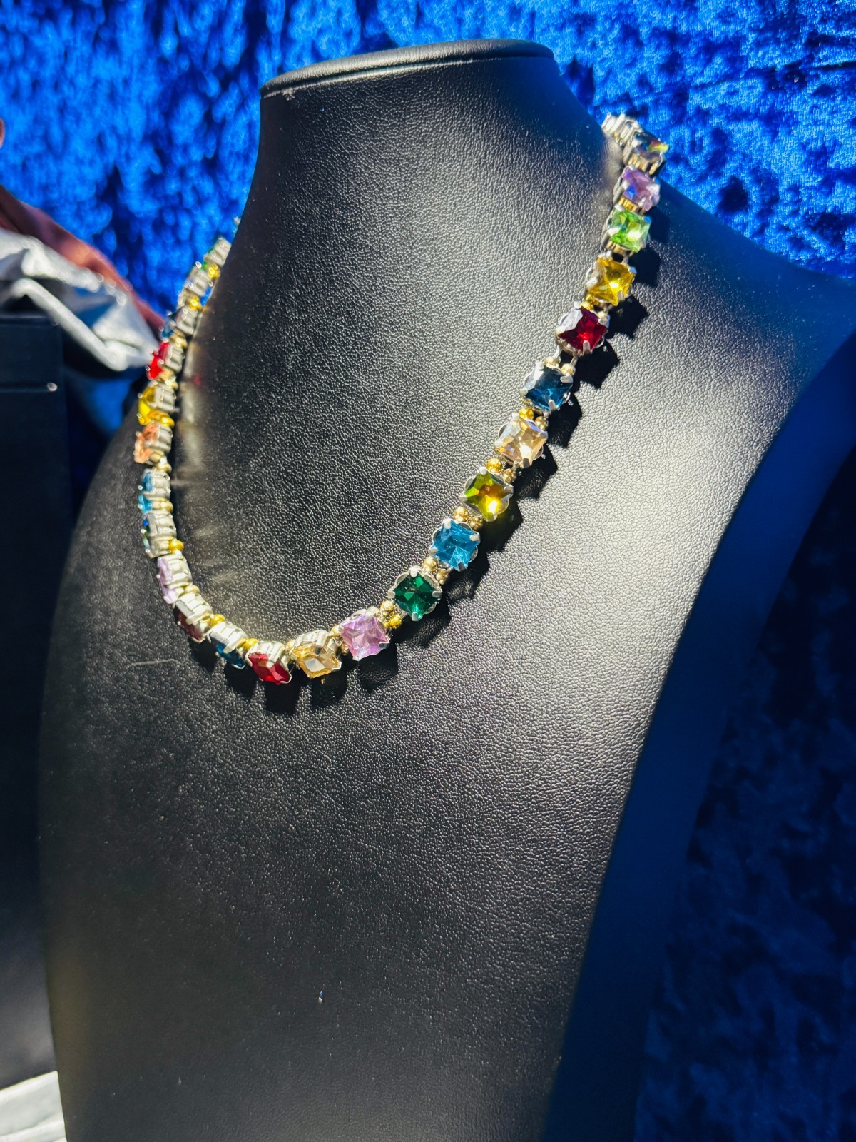 Multi-Colored 10mm Square Rhinestone Necklace Platinum Color Plating Durable 16″
