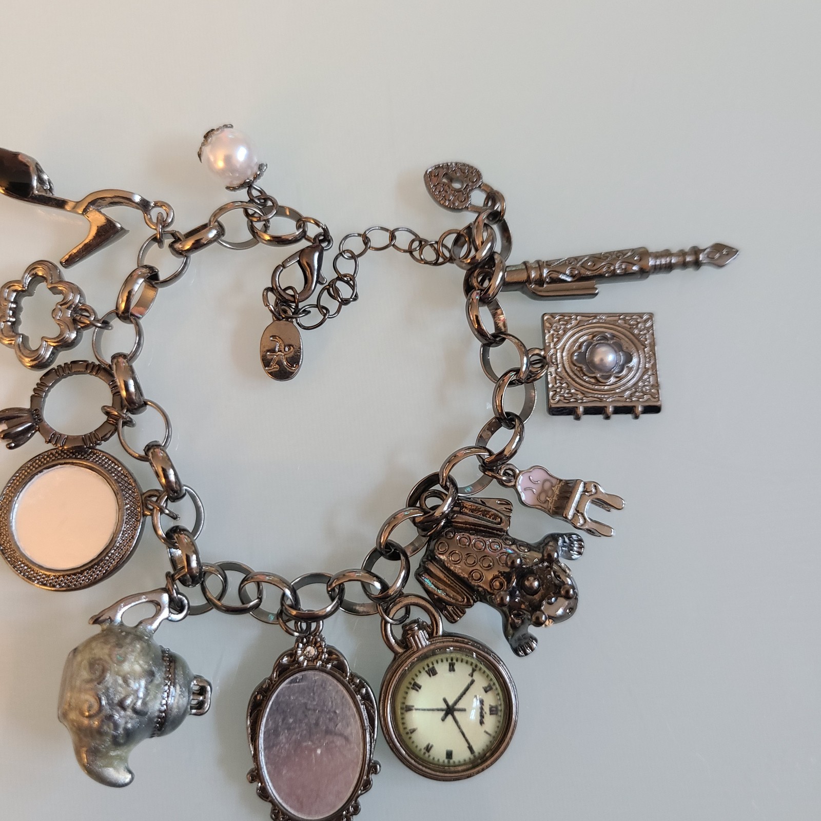 10″ Whimsical Fairytale Charm Bracelet Gunmetal Tone Teapot Frog Mirror Shoe Key