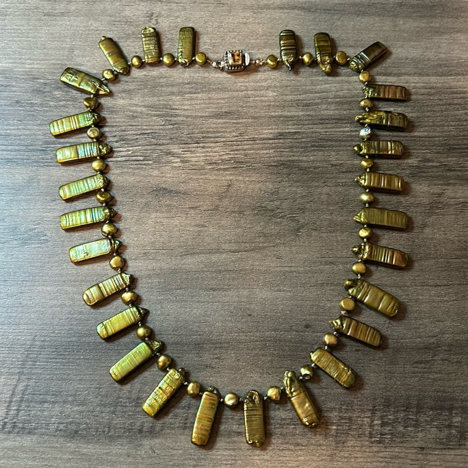 Vintage Green Stick Pearl Statement Necklace #924 hand knotted yellow-green
