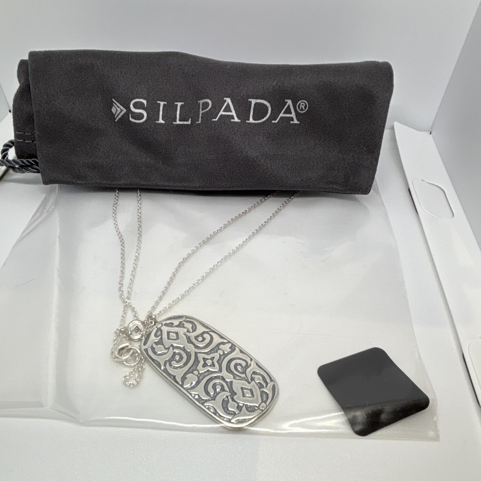 Silpada Silver Rectangle Charm Pendant Cable Chain Necklace, No Stone, Signed