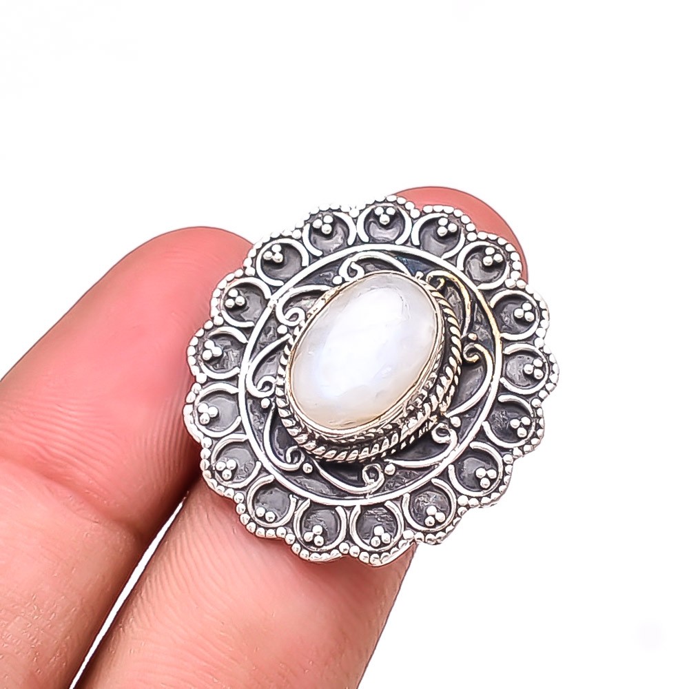 Moonstone – Sri Lanka Handmade Oxidised 925 Sterling Silver Ring S.10 R58825