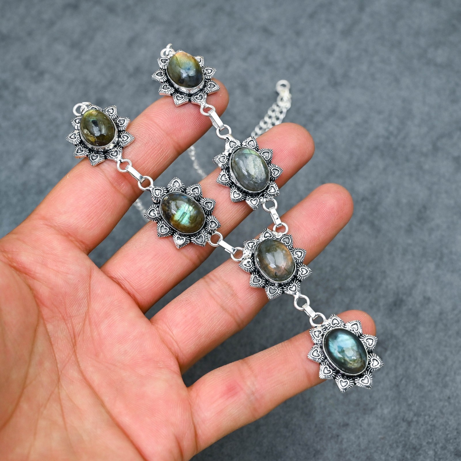 Silver Plated Labradorite Y-Necklace | Multi-Stone Milgrain Cabochon | Artisan