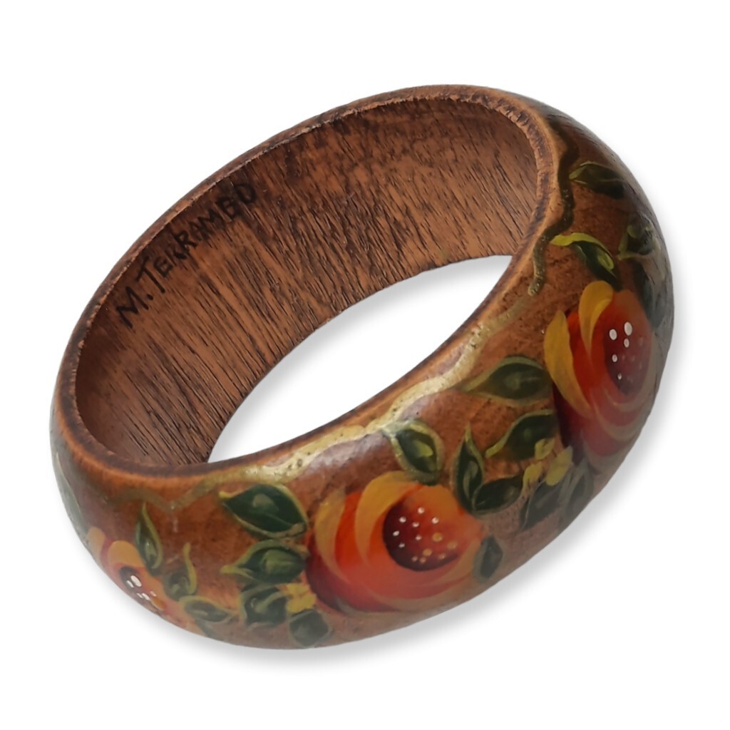 Artist Signed Wooden Bangle Bracelet M.Terramed Bohemian Hand Painted Flower Art