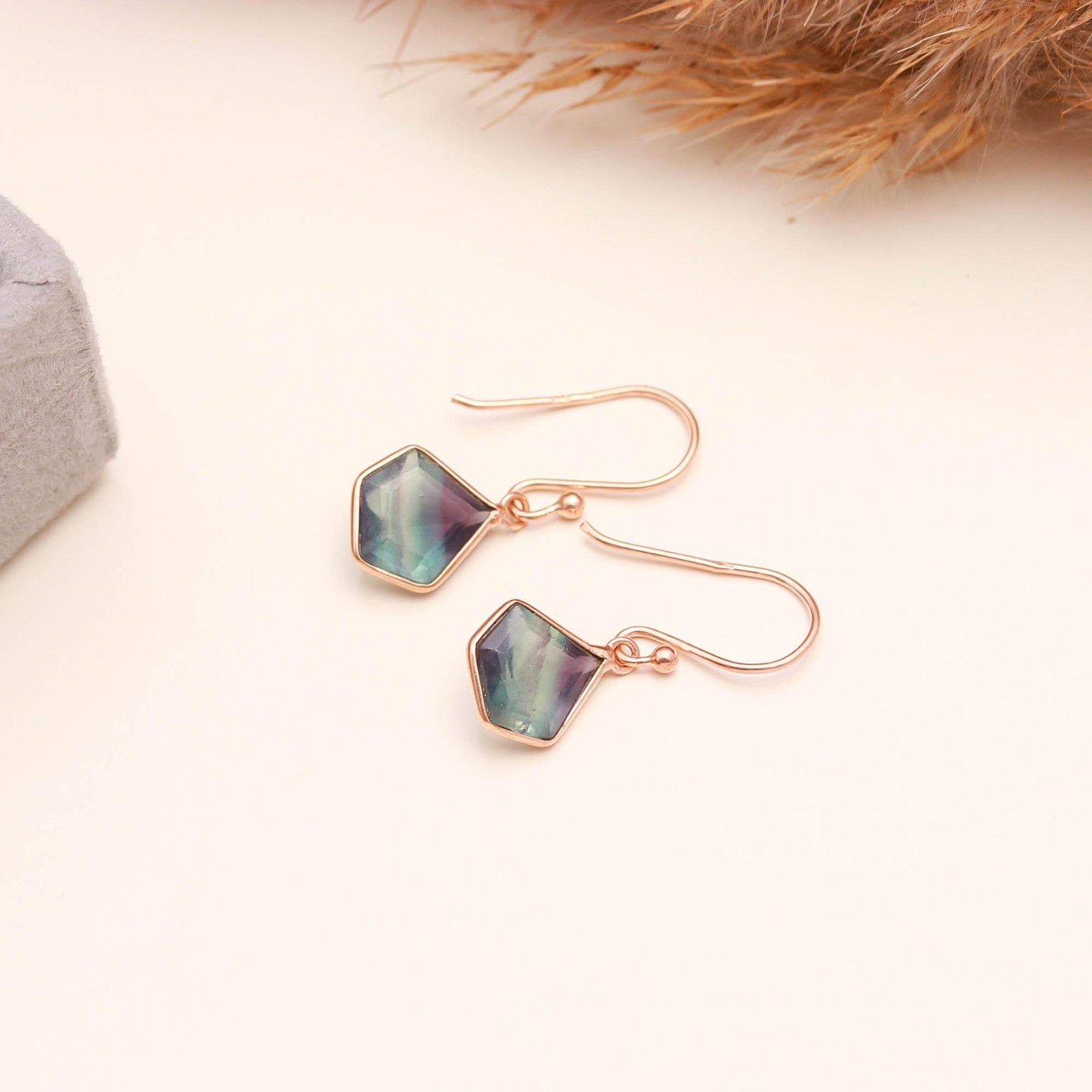 Natural Fluorite Shield Dangle Earrings Rose Gold Plated Solid Silver Jewelry