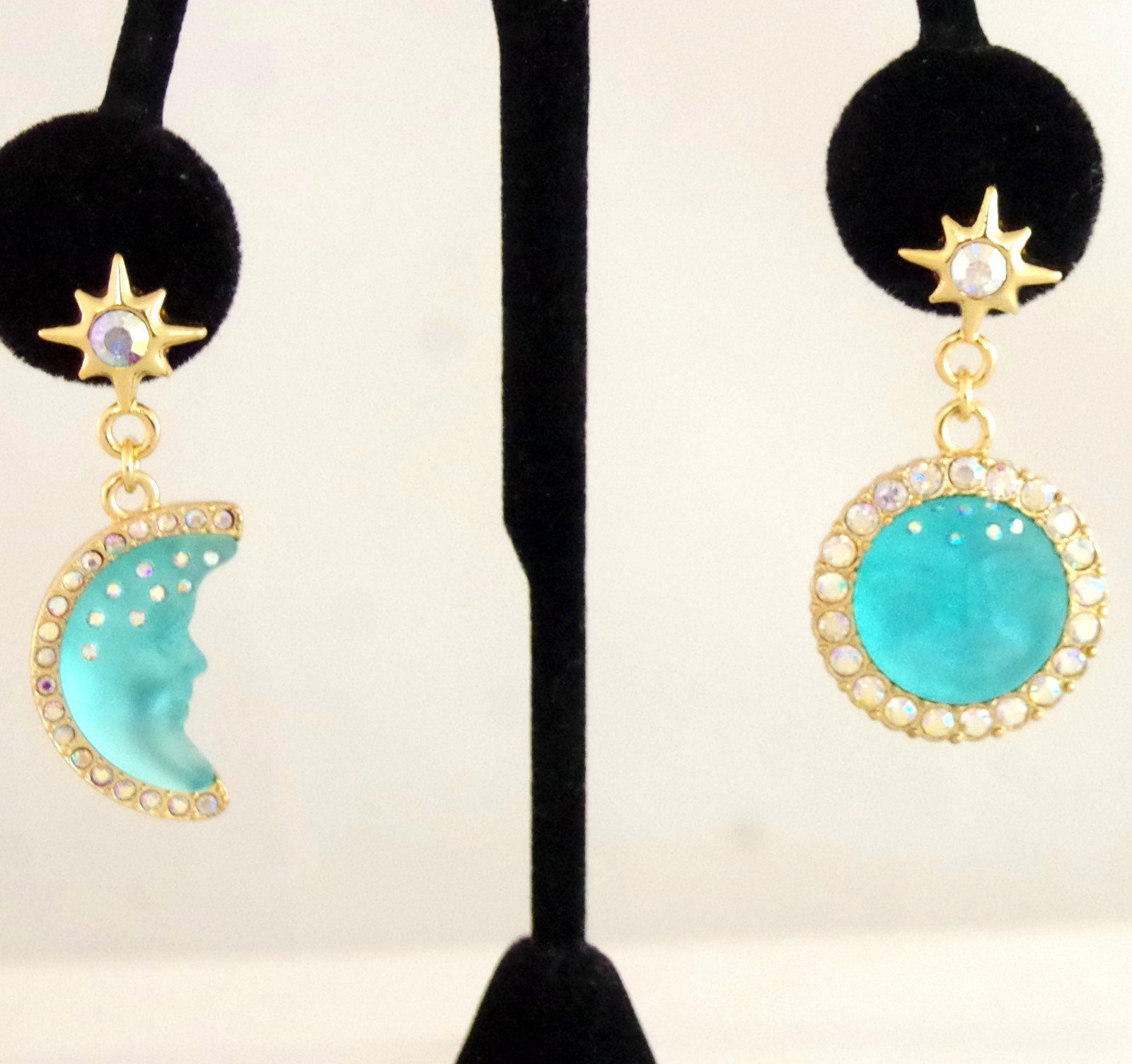 2″ KIRKS FOLLY BLUE SEAVIEW MOON FACE AB CRYSTAL RHINESTONE DROP DANGLE EARRINGS
