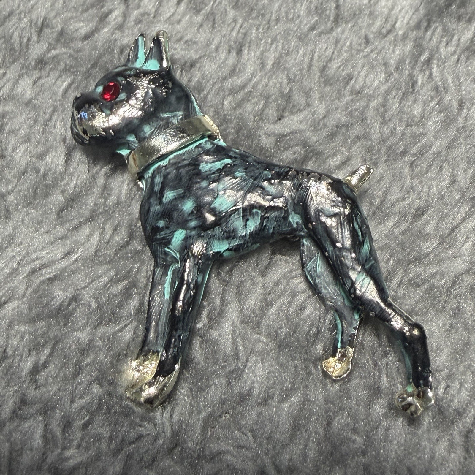 Enamel Dog Brooch Pin Black Blue Silver w/ Red Round Rhinestone Eye