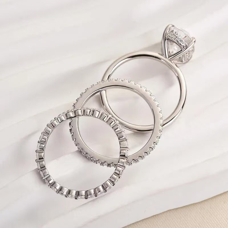 ONE SET 3 PCS Women 18k Gold Plated Sparkling CZ Oval Band Ring Engagement