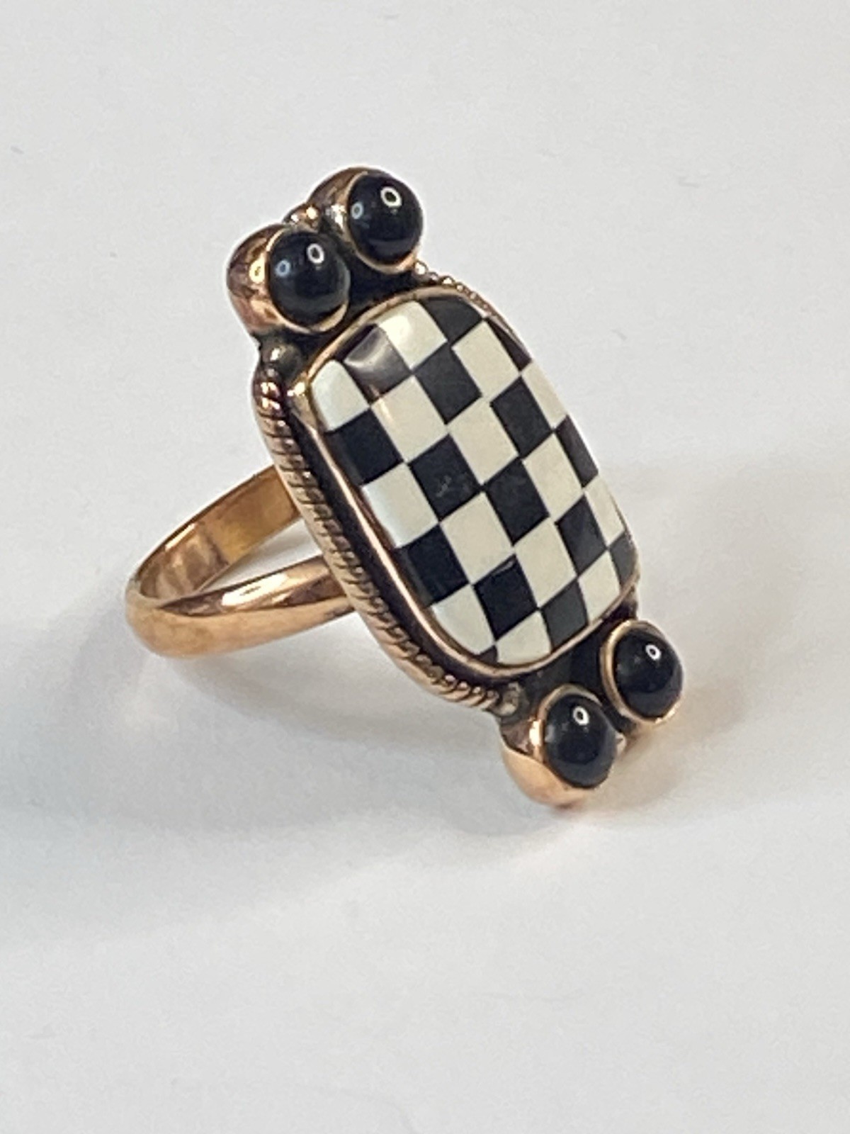 Solid Copper Black Onyx Checkerboard Adjustable Ring Southwest Jewelry