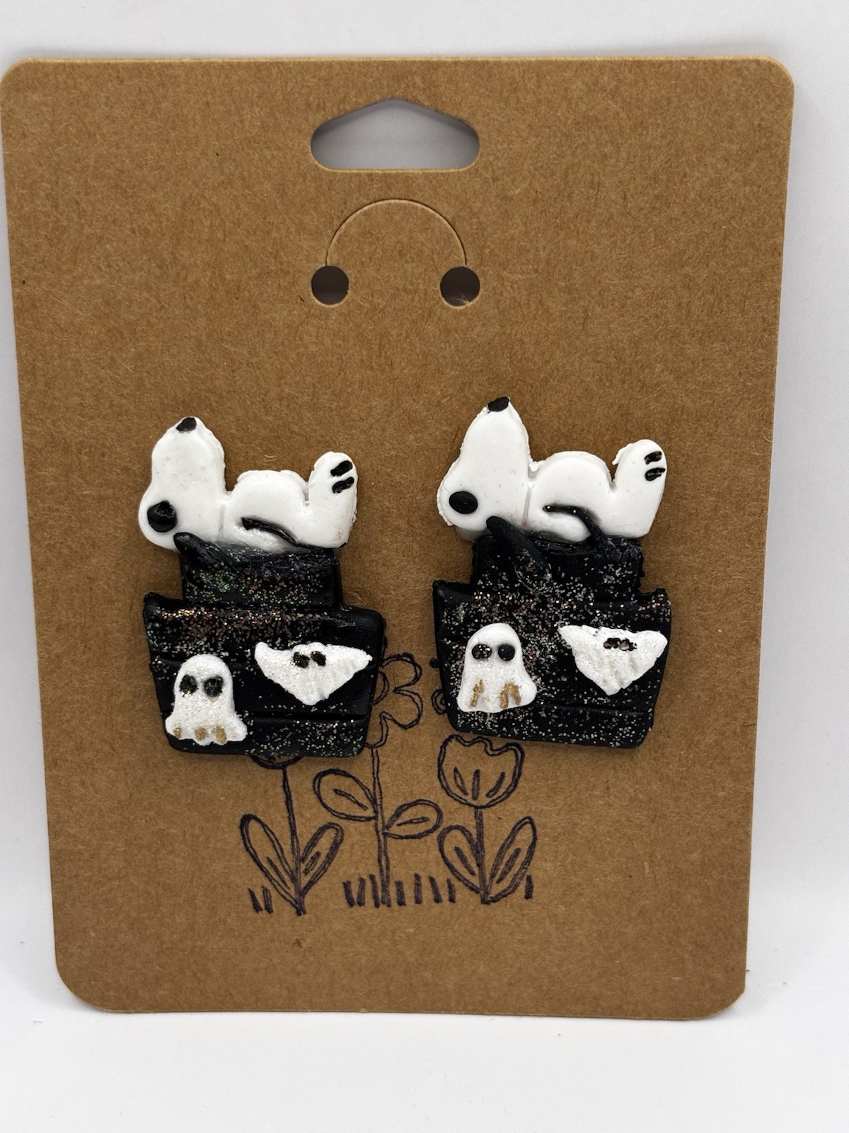 Snoopy Halloween Earrings Black Glitter Doghouse Ghost Polymer Clay Jewelry