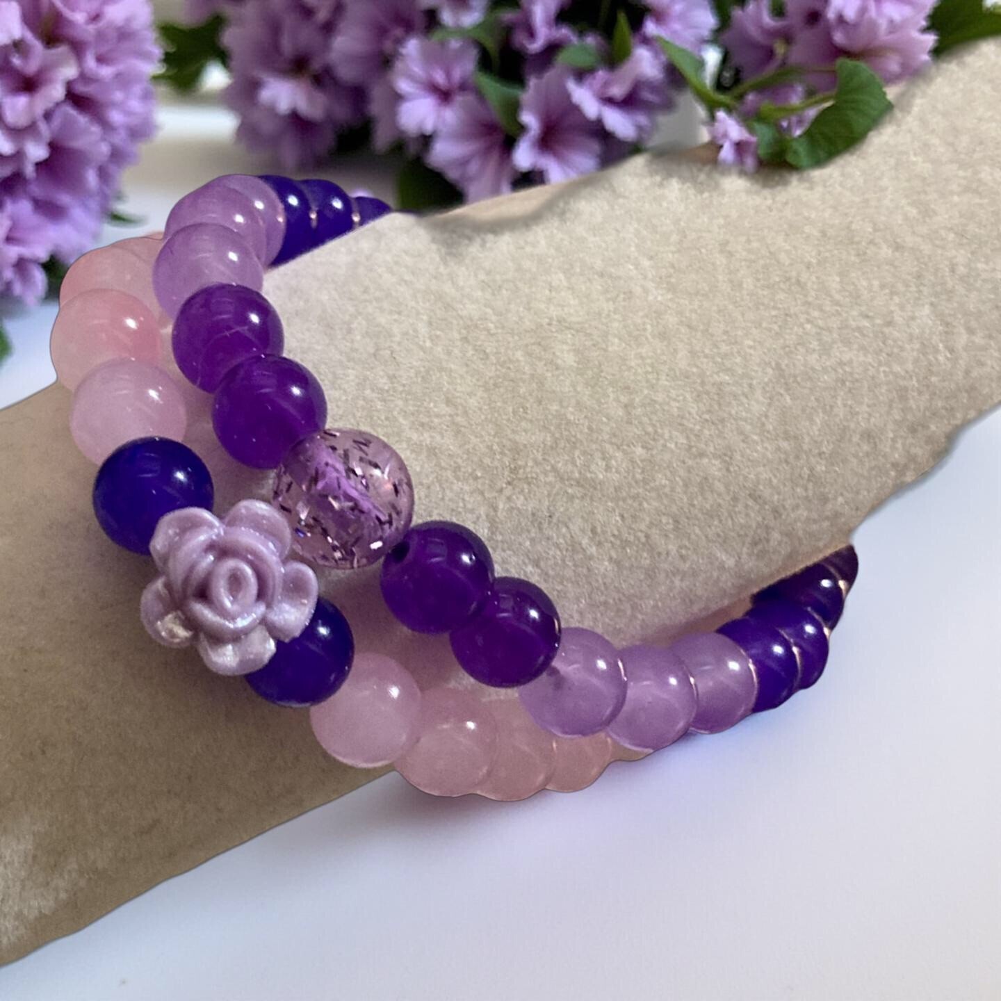 Set of 2 purple and pink handmade 8 mm crystal bracelet for all occasions