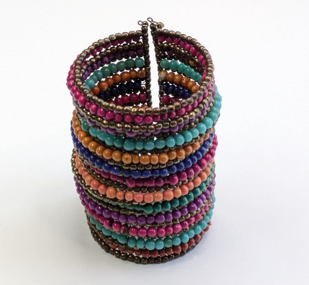 Huge 3.5″ Wide Multicolor Glass Beaded Brass Statement Bracelet Bohemian Tribal