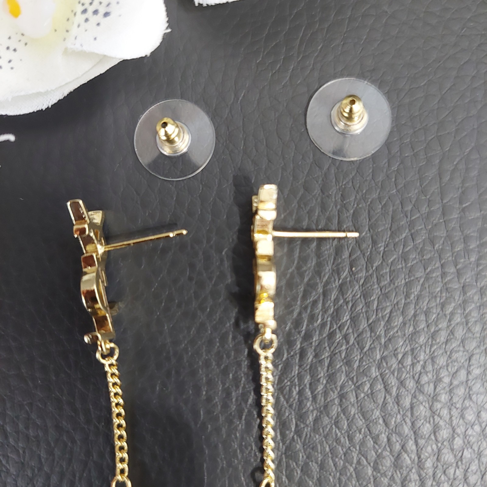 Auth YVES SAINT LAURENT YSL Crystal LOGO Long Chain Drop EARRINGS Gold T G2U