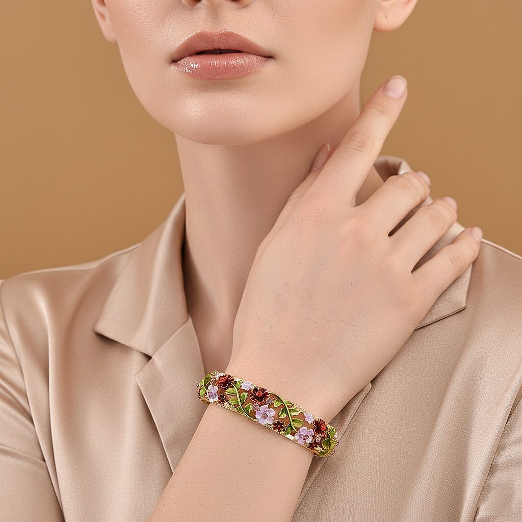 Red Pink Crystal, Multi Color Enameled Floral Bangle Bracelet Goldtone 7-7.5In