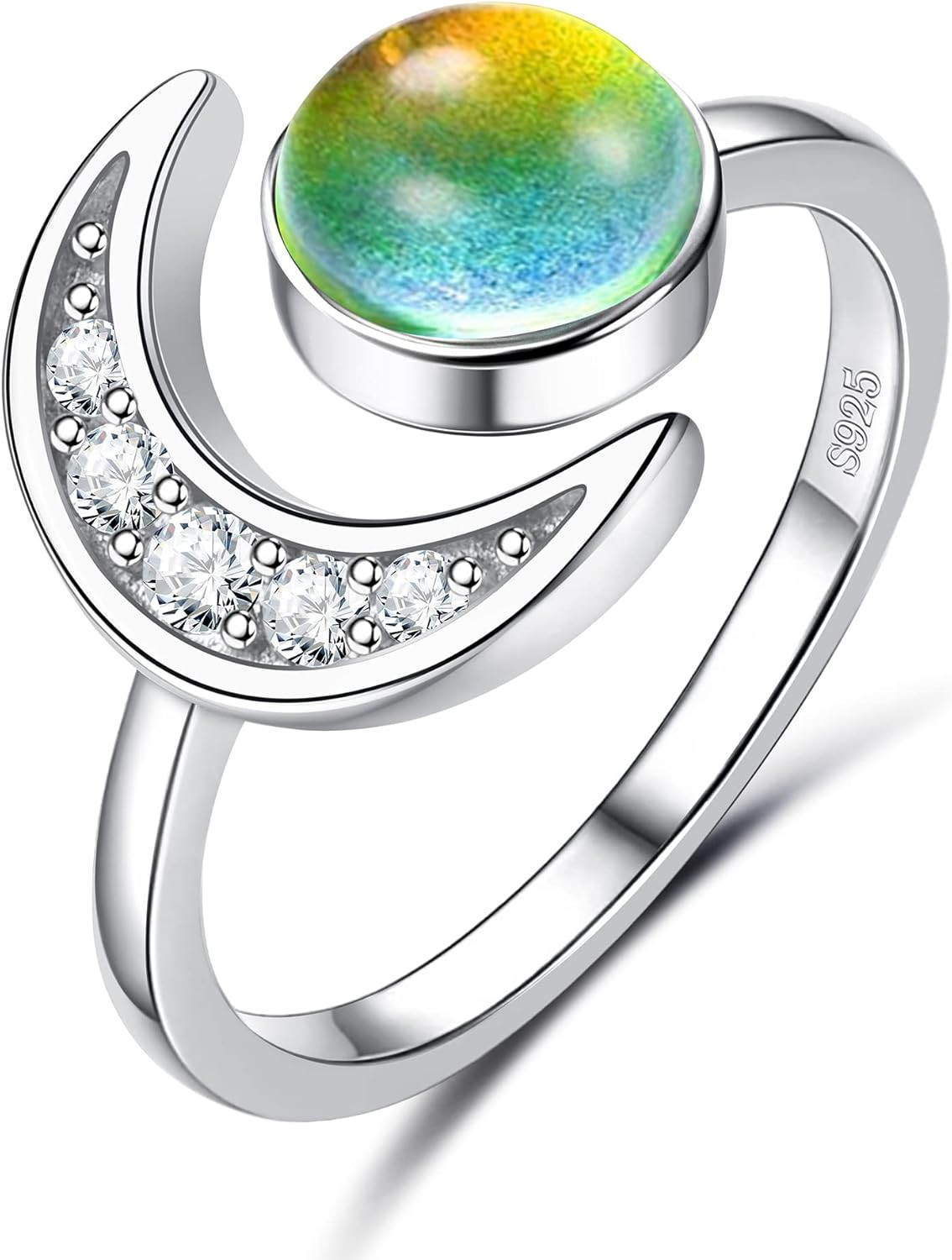 925 Sterling Silver Mood Ring Moon Star Open Adjustable Rings for Women 18K Whit