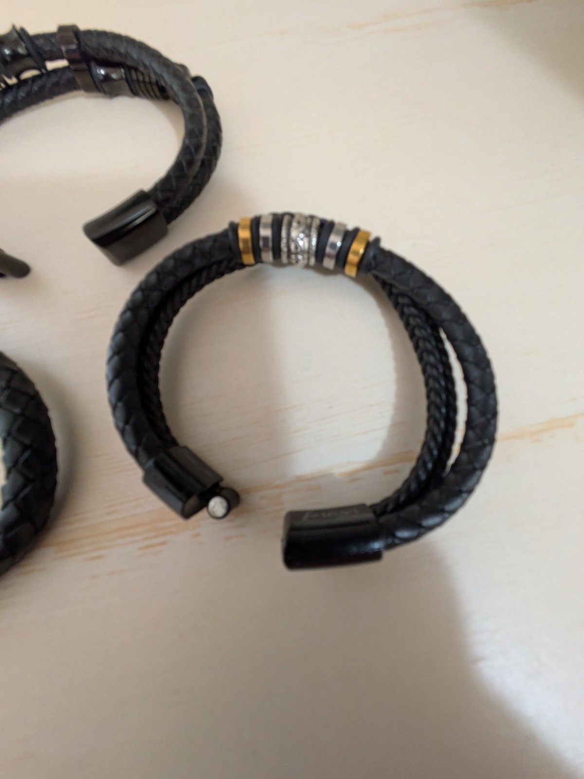 Men’s Bracelet Braided Leather & Bead Lot of 3 Clean