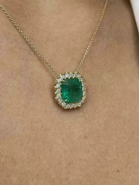 2Ct Asscher Cut Simulated Green Emerald Halo Pendant In 14k Yellow Gold Plated