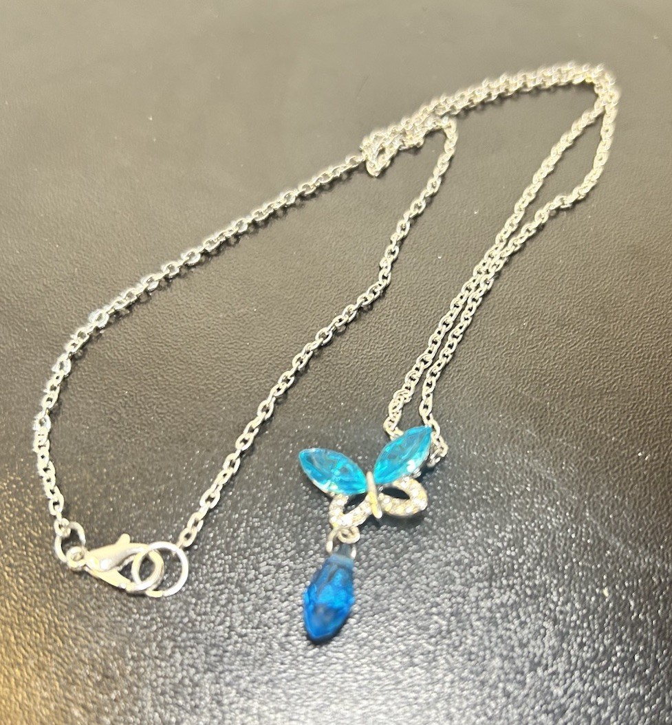 Aqua Butterfly With Dangle Gem Dainty Pendant, Silvertone Chain 20”