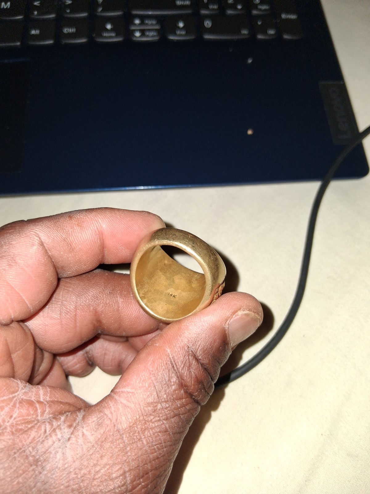 14K Yellow Gold Engraved Signet Ring Size 11, No Stone, Coin-Style Face