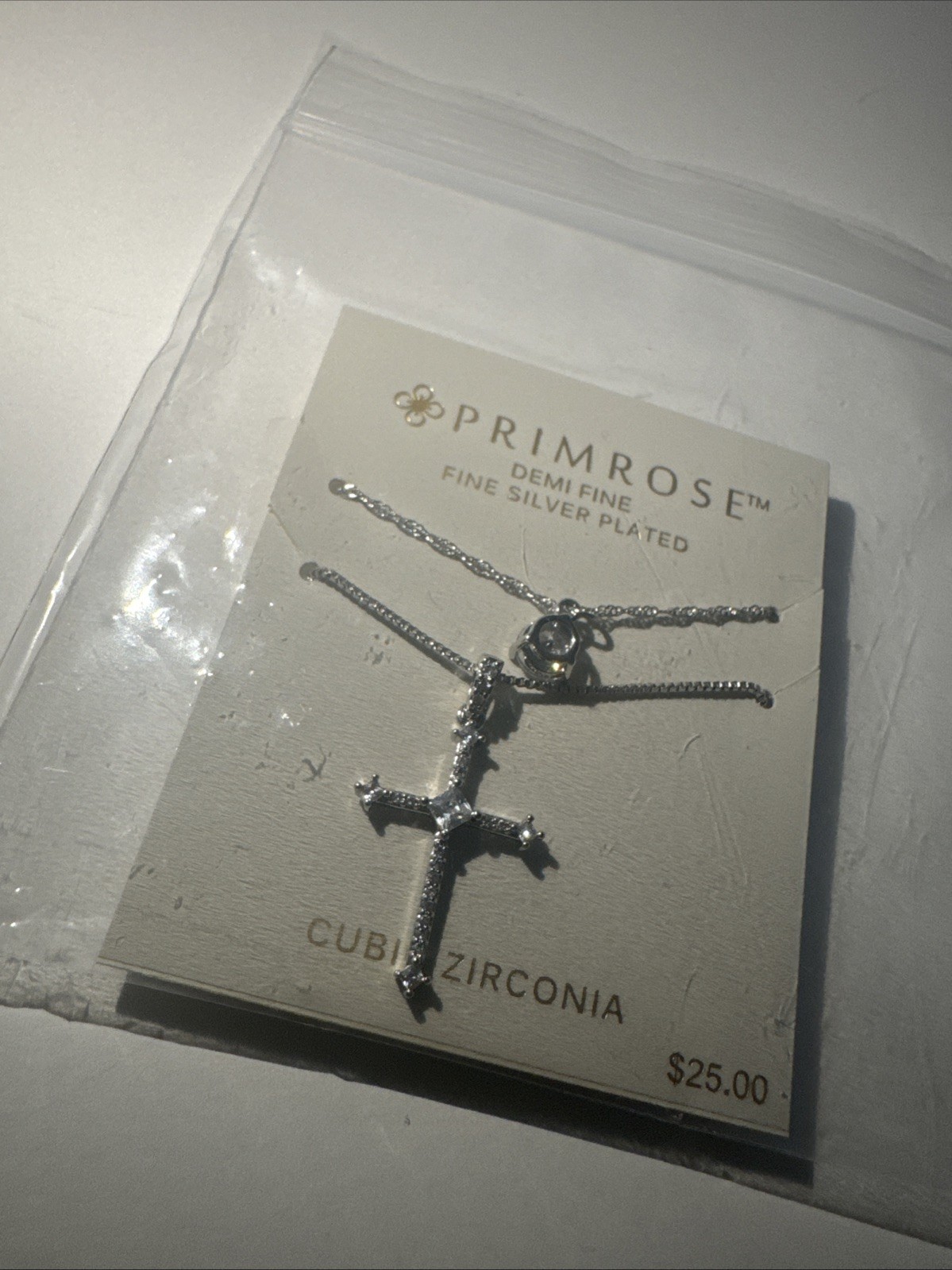 PRIMROSE Silver-Plated Cubic Zirconia Cross Pendant &Round Necklace