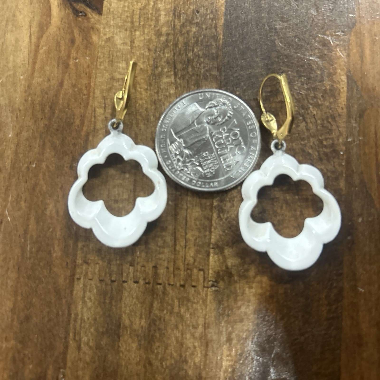 Gold Tone White Enamel Cloud Dangle Earrings