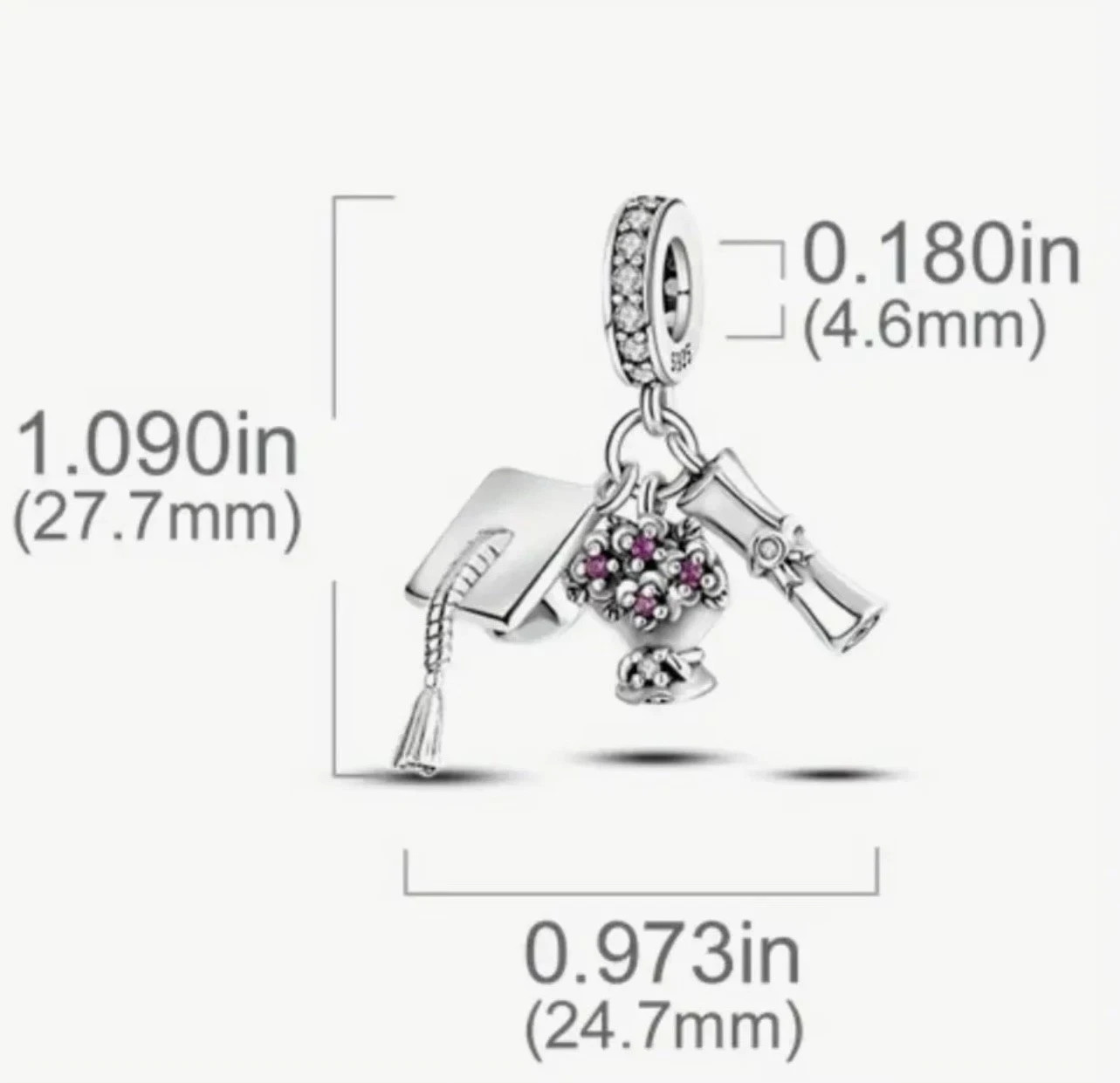 GRADUATION CAP DIPLOMA CZ STERLING SILVER CHARM BRACELET PENDANT BEAD & POUCH!