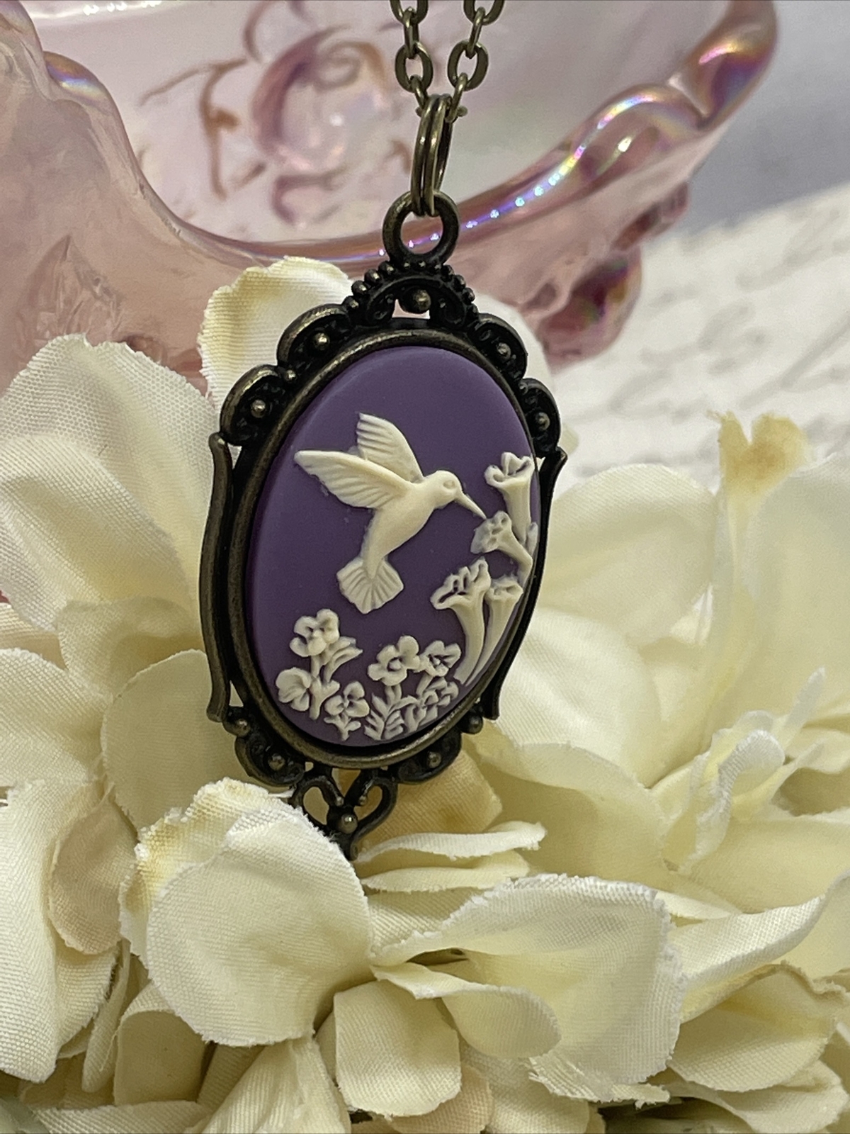 Purple Bronze Hummingbird Necklace Pendant Cameo Mom Daughter Birthday wedding