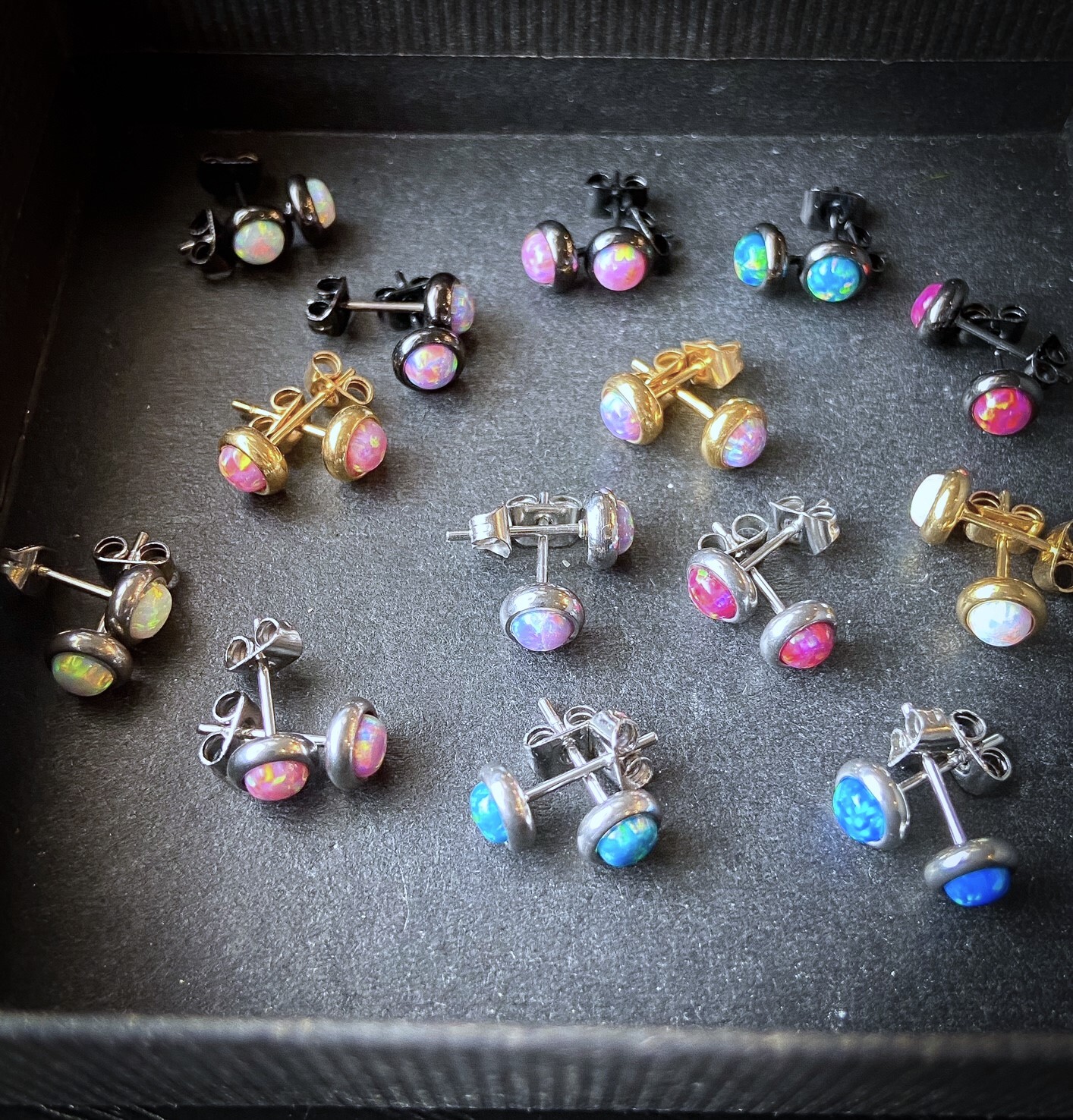 PAIR Bezel Set Opal 316L Surgical Steel Earrings – choose from 18 color combos!