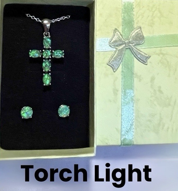 Dazzling Green Fire Opal Cross Necklace & 6mm Stud Earrings Set
