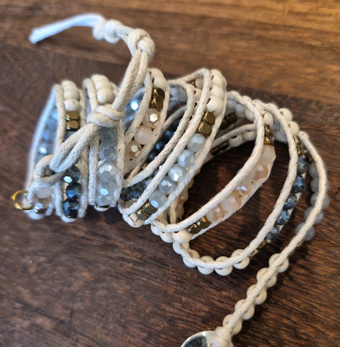 Liv Thai Boho Blue, Cream, Gold, & Gray Hues Faceted Bead Wrap Bracelet