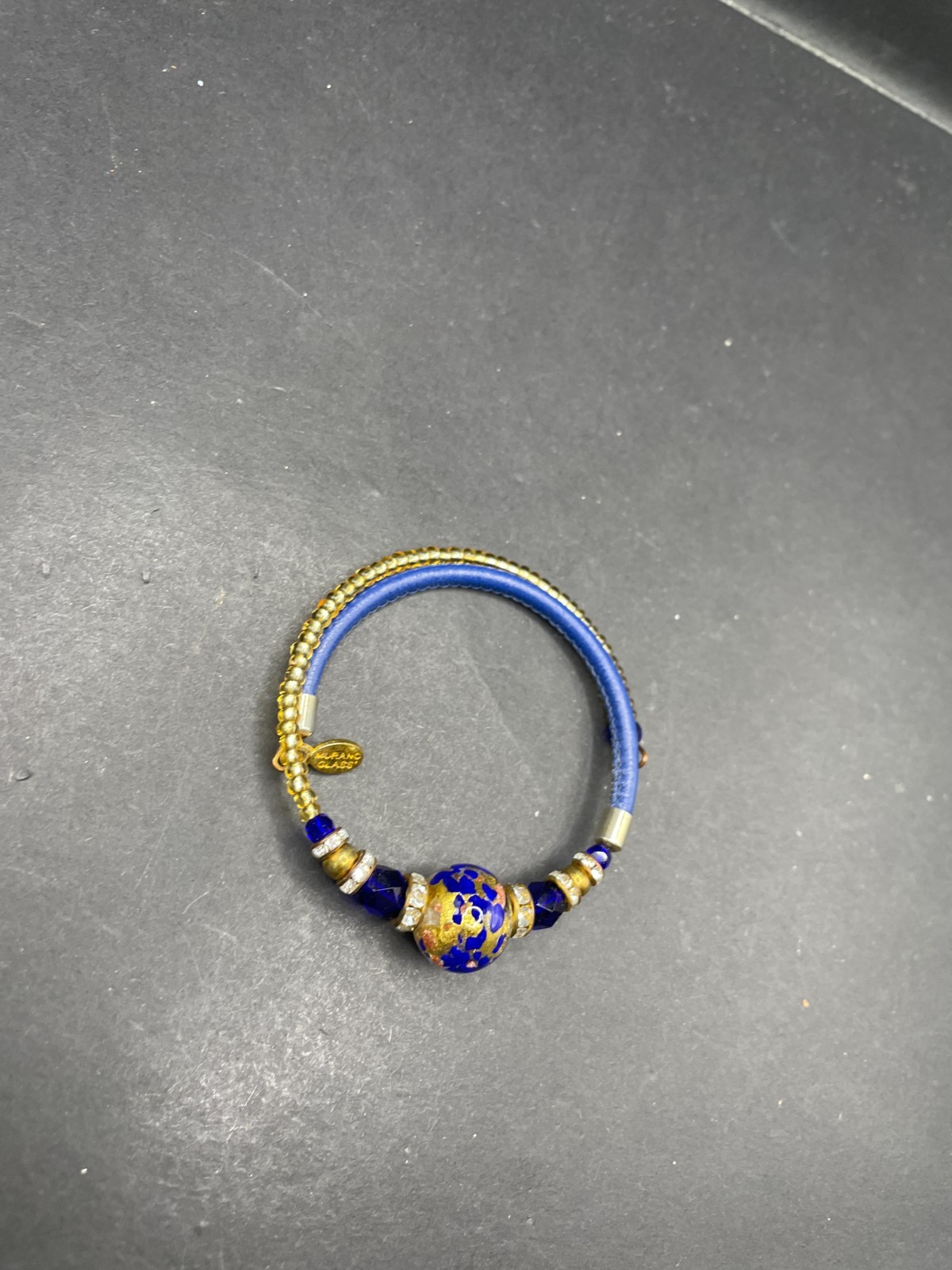 Murano Glass Coil Wrap Bracelet Blue Gold Foil Venetian Bead Rhinestone Leather