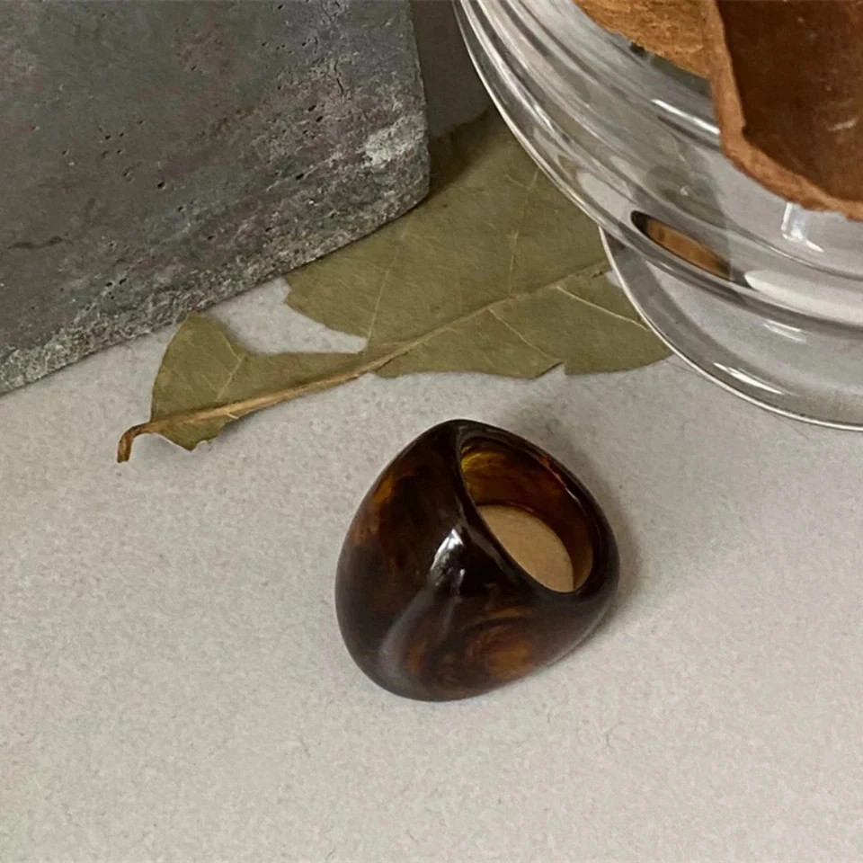 Resin Amber Geometric Wide Ring Women Classic Chunky Statement Party Jewelry